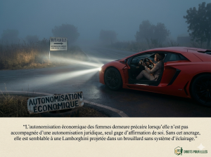 L’autonomie financière des femmes : un moteur puissant, mais sans phares. femme au volant d'une lambourghini dans le brouillard, citation droits pour elles sur l'autonomisation économique et l'autonomisation juridique